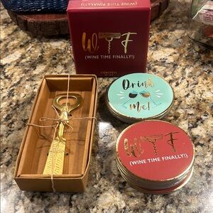 Gold Bottle Opener and 16 Red and Blue Coasters! Jazz Up Your Bar.